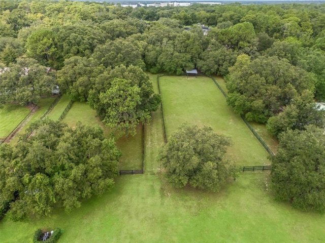 drone / aerial view featuring a rural view and a view of trees