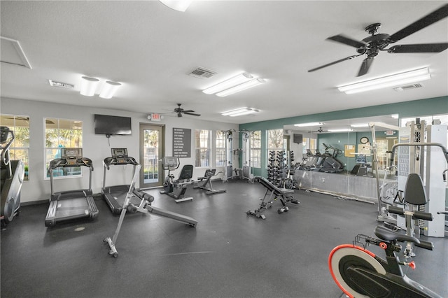 workout area featuring ceiling fan