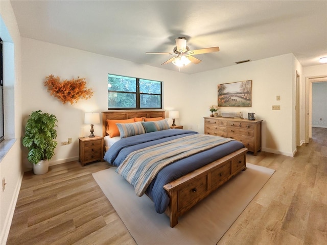 bedroom featuring ceiling fan and light hardwood / wood-style floors