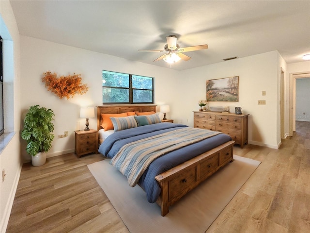 21389 SW 102nd Street Rd, Dunnellon, FL 34431 - bedroom with ceiling fan, baseboards, visible vents, and light wood-type flooring