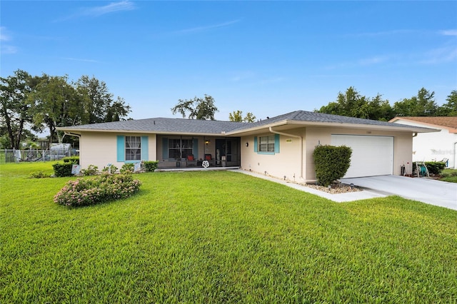 ranch-style house with a front yard and a garage