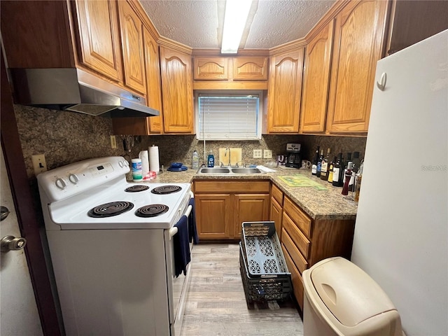 kitchen with light wood-type flooring, light stone countertops, electric range, sink, and a textured ceiling