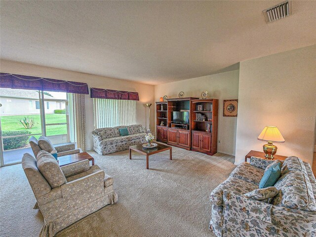 carpeted living room featuring a textured ceiling