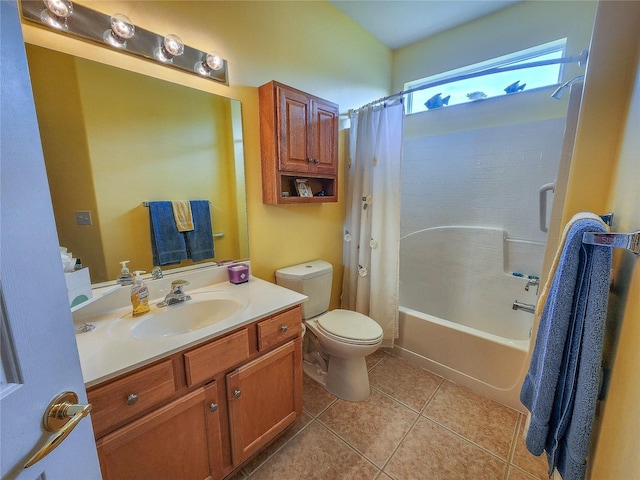 full bathroom featuring tile patterned flooring, toilet, shower / tub combo, and vanity