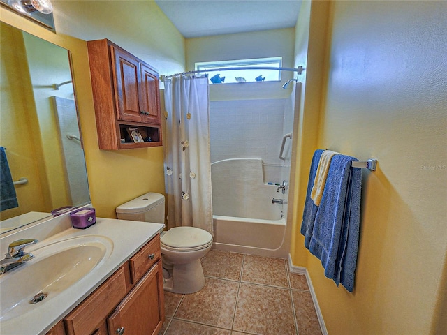 full bathroom featuring shower / bathtub combination with curtain, tile patterned flooring, toilet, and vanity