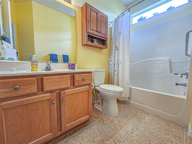 full bathroom with tile patterned flooring, toilet, shower / tub combo, and vanity