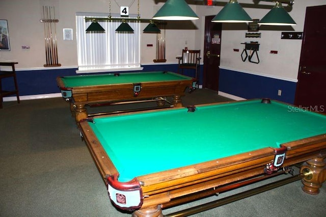 game room with carpet and billiards