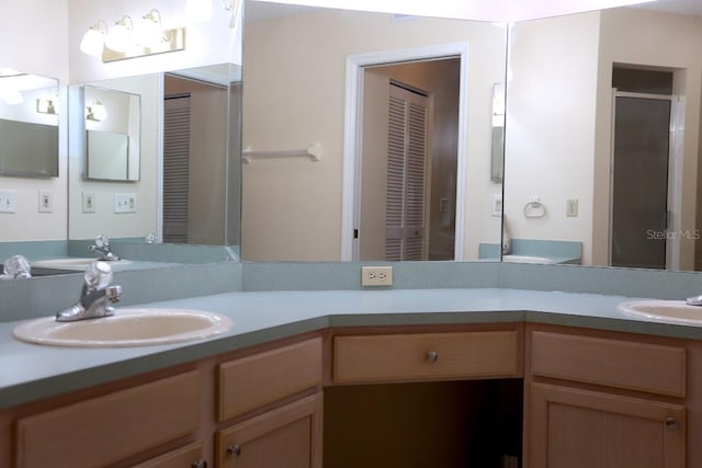 bathroom featuring vanity and a shower with shower door