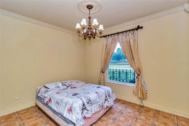 bedroom featuring tile patterned floors and ornamental molding