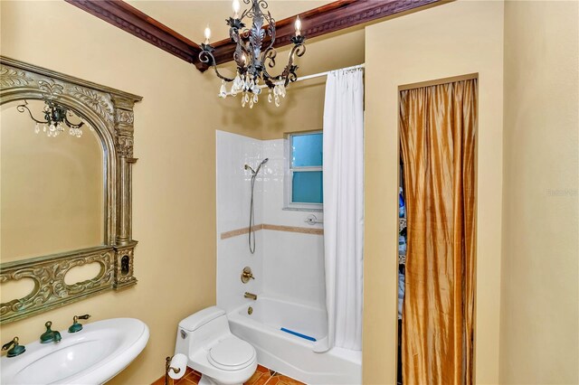 full bathroom with toilet, sink, and shower / bath combo with shower curtain