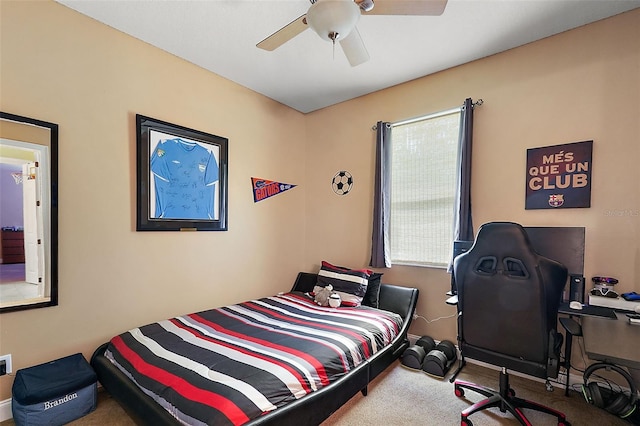 bedroom featuring carpet flooring and ceiling fan