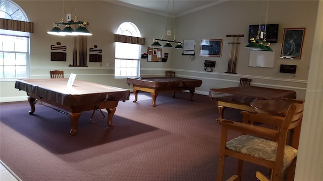 rec room featuring carpet floors, vaulted ceiling, ornamental molding, and billiards