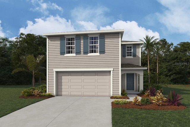 view of property featuring a garage and a front lawn