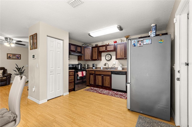 kitchen featuring stainless steel appliances, dark brown cabinetry, a textured ceiling, and light hardwood / wood-style flooring