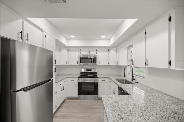 kitchen featuring sink, tasteful backsplash, light stone counters, white cabinetry, and stainless steel appliances