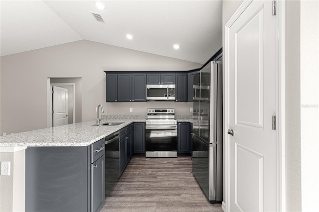 kitchen with dark hardwood / wood-style floors, sink, light stone counters, kitchen peninsula, and stainless steel appliances