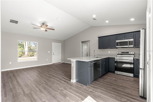 kitchen with lofted ceiling, sink, light stone counters, kitchen peninsula, and stainless steel appliances