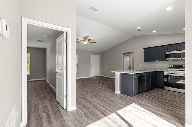 kitchen featuring lofted ceiling, light stone counters, appliances with stainless steel finishes, kitchen peninsula, and hardwood / wood-style floors