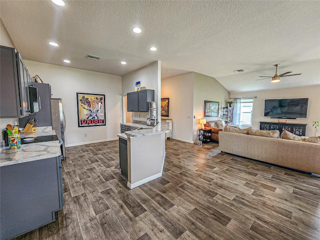 kitchen with light stone countertops, a textured ceiling, dark hardwood / wood-style flooring, and vaulted ceiling