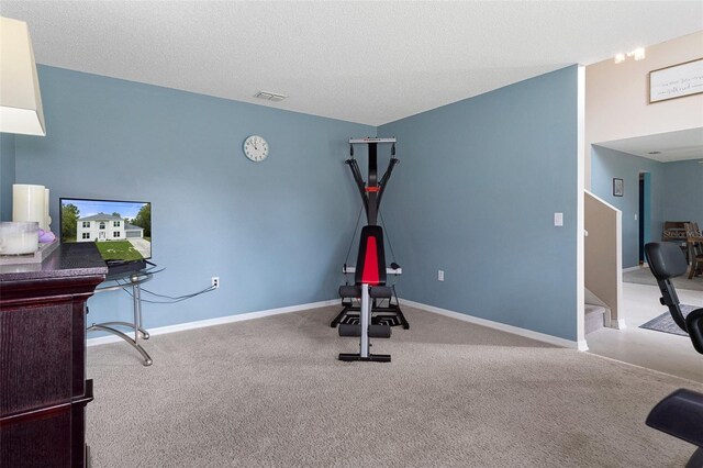 workout room featuring a textured ceiling and carpet floors