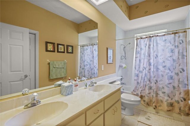 full bathroom featuring tile patterned flooring, vanity, toilet, and shower / tub combo with curtain