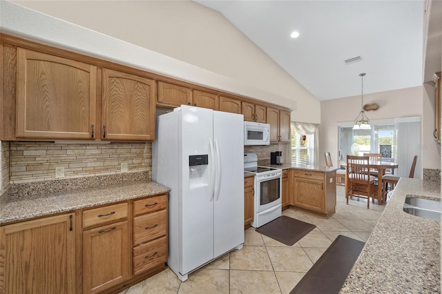 16369 SW 14th Avenue Rd, Ocala, FL 34473 - kitchen featuring white appliances, tasteful backsplash, light tile patterned flooring, decorative light fixtures, and high vaulted ceiling