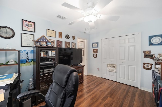 office space featuring ceiling fan and dark hardwood / wood-style flooring