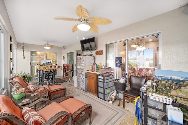 living room with ceiling fan