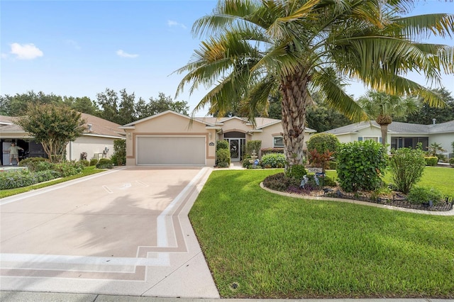 ranch-style home featuring a garage and a front yard