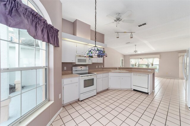 kitchen featuring white cabinetry, pendant lighting, white appliances, and ceiling fan