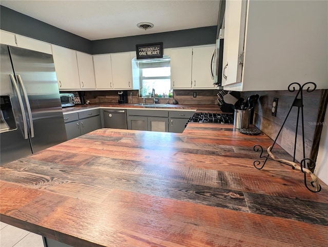 kitchen featuring sink, white cabinets, gray cabinetry, appliances with stainless steel finishes, and wooden counters