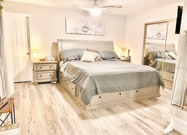 bedroom with light hardwood / wood-style floors and ceiling fan