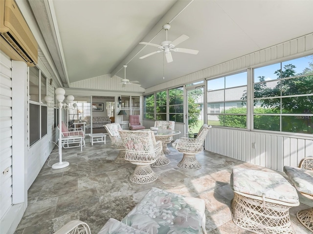 sunroom featuring vaulted ceiling with beams, a healthy amount of sunlight, ceiling fan, and a wall mounted AC