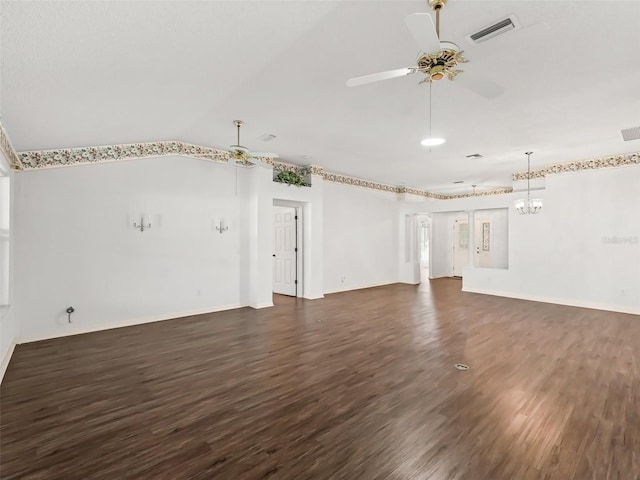 unfurnished living room featuring ceiling fan, dark hardwood / wood-style floors, and lofted ceiling