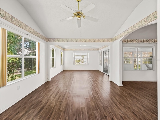 interior space with dark hardwood / wood-style flooring, vaulted ceiling, and plenty of natural light