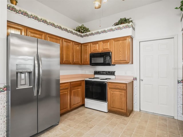 kitchen featuring stainless steel fridge with ice dispenser and white electric stove