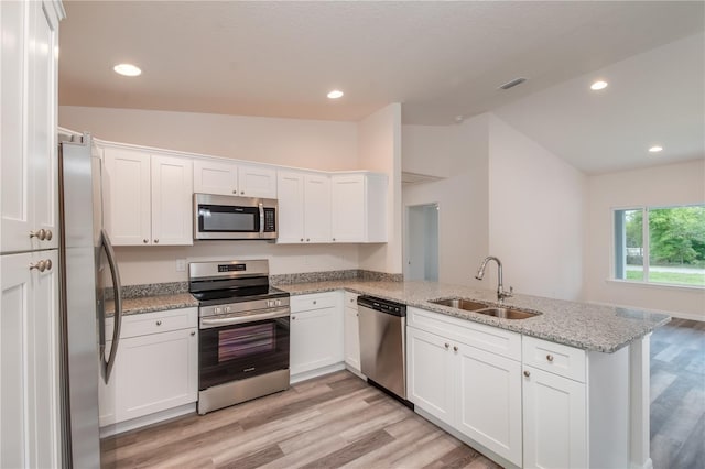 kitchen with white cabinetry, sink, kitchen peninsula, and stainless steel appliances