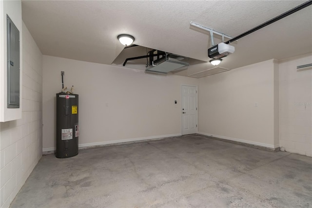 garage with electric water heater, electric panel, and a garage door opener