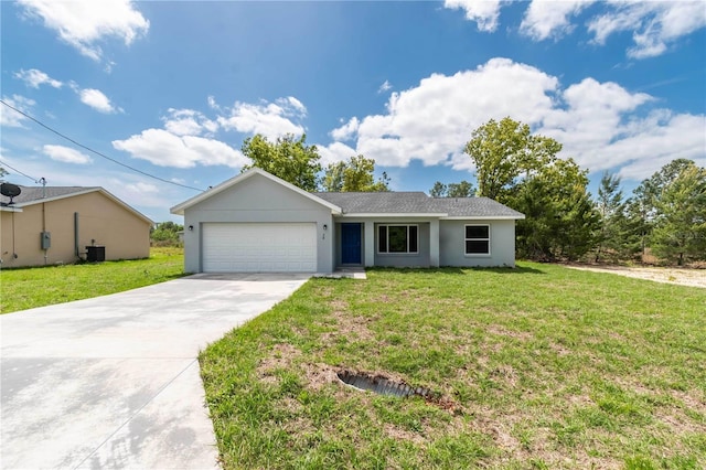 single story home with a garage, a front lawn, and cooling unit