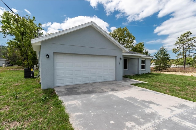 single story home with a front yard, a garage, and cooling unit