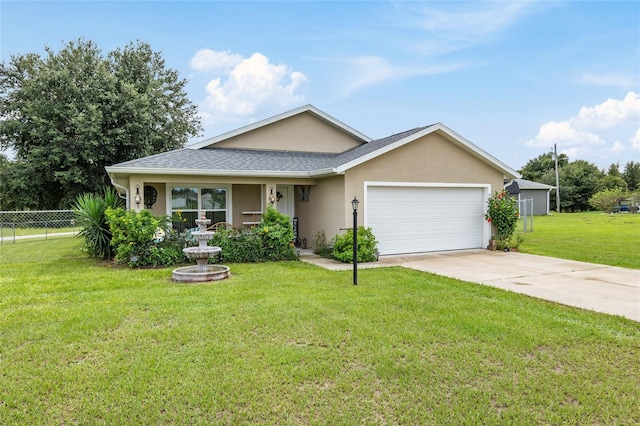 single story home with a front lawn and a garage