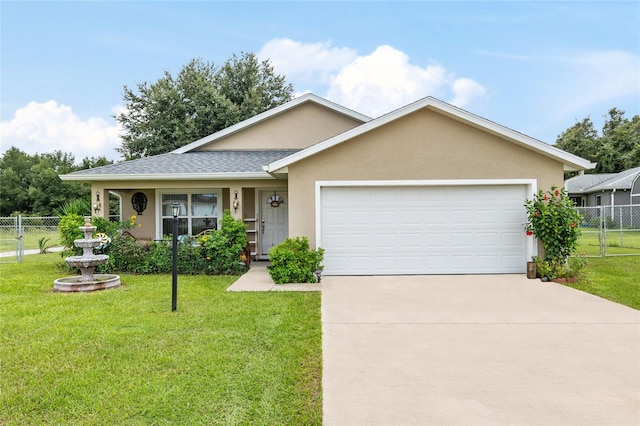 ranch-style house featuring a garage and a front lawn