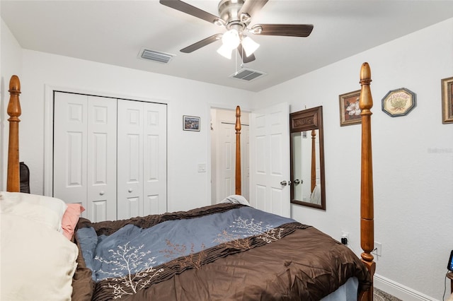 bedroom with ceiling fan and a closet