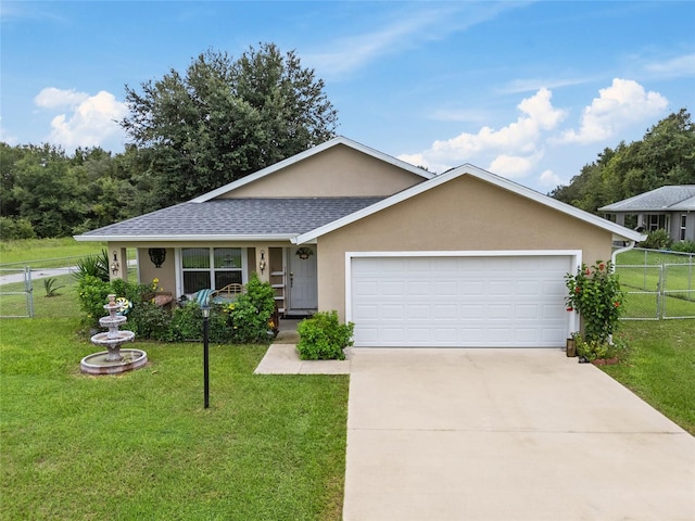 single story home with a front lawn and a garage