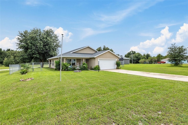 single story home featuring a garage and a front yard