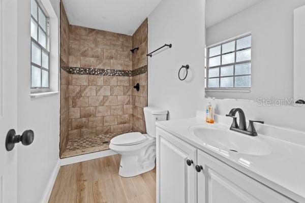 bathroom with wood-type flooring, plenty of natural light, vanity, and toilet