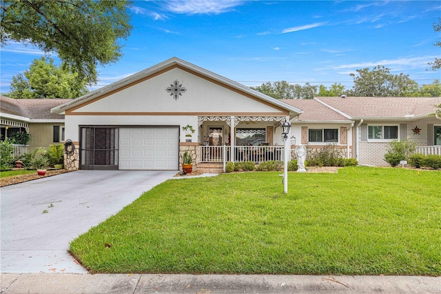 ranch-style home with a front yard, a garage, and a porch