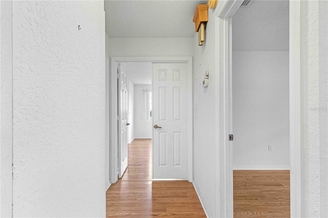 hall with a textured ceiling and hardwood / wood-style flooring