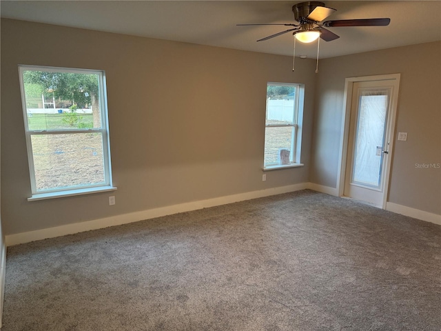 spare room featuring ceiling fan, a healthy amount of sunlight, and carpet