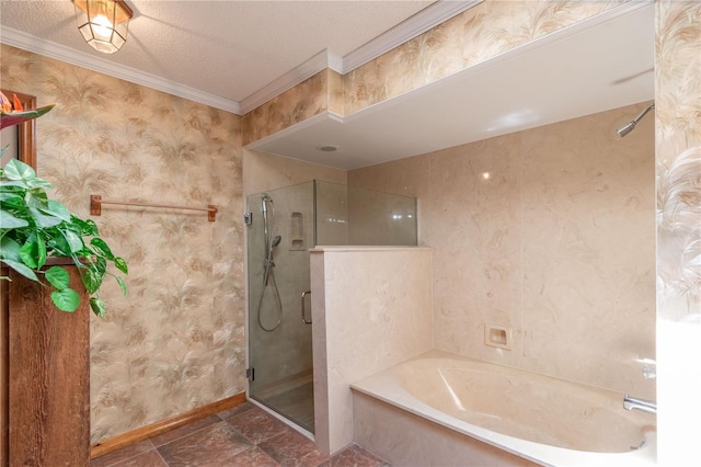 bathroom with plus walk in shower, a textured ceiling, and ornamental molding